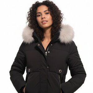🧥 Women's Black Winter Puffer Coat with Faux Fur Hood - Size M